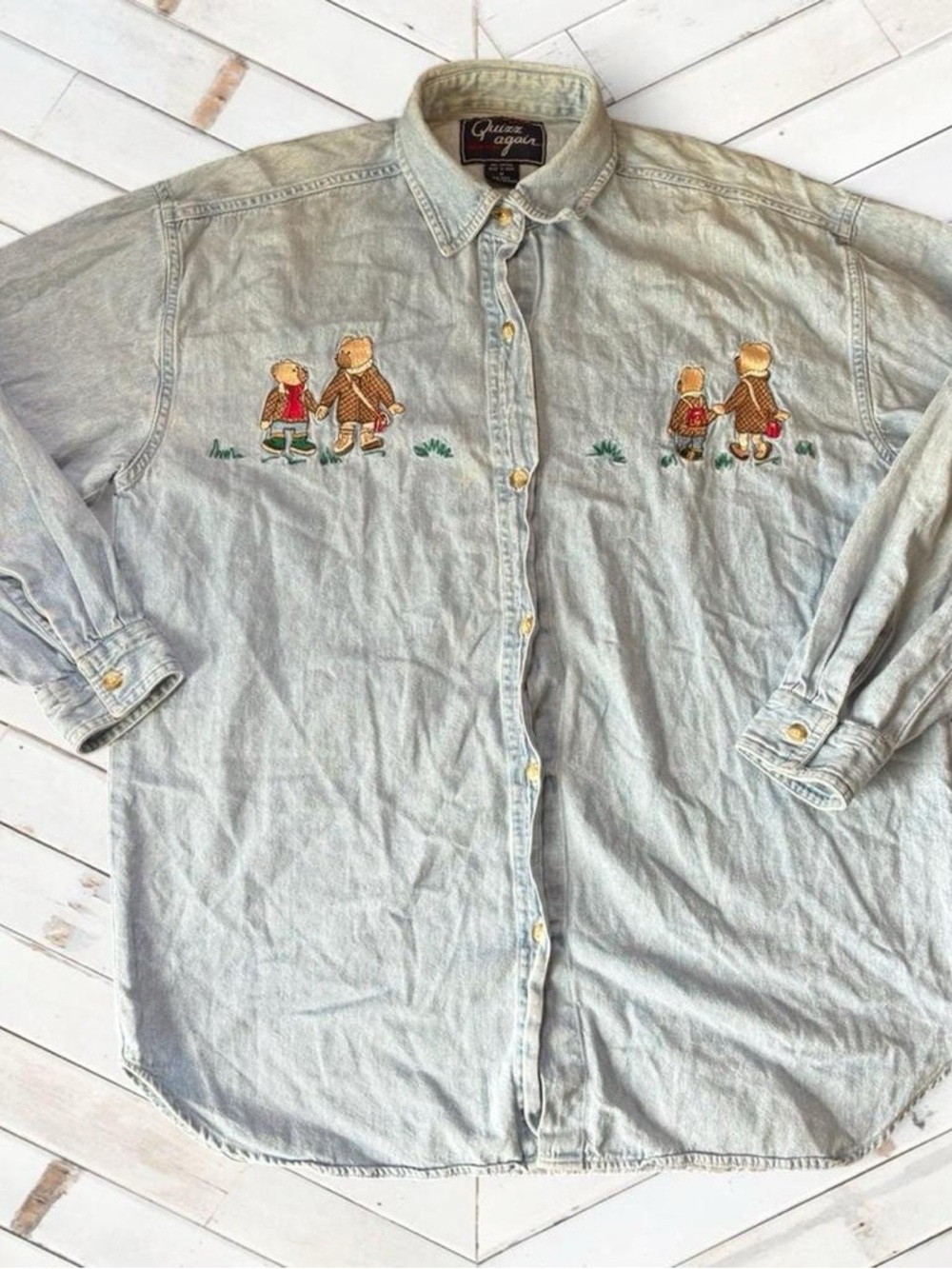 Light Wash Denim Button-Up Shirt with Navy Label